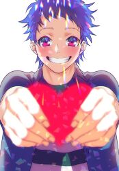 Rule 34 | 1boy, bad id, bad twitter id, blue hair, blue shirt, grin, hands up, heart, highres, holding, holding heart, ichijou shin, inactive account, king of prism, male focus, open mouth, outstretched arms, pretty rhythm, pretty series, red eyes, shirt, short hair, smile, solo, striped clothes, striped shirt, upper body, white background, zashima