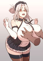 Rule 34 | 1boy, 1girl, bare shoulders, blush, grabbing another&#039;s breast, breasts, carcass (artist), commentary request, dark-skinned male, dark skin, disembodied hand, elbow gloves, glasses, gloves, grabbing, hair bun, highres, huge breasts, last origin, long hair, looking at viewer, maid headdress, open mouth, plump, prototype labiata, red eyes, silver hair, single hair bun, solo, thick thighs, thighhighs, thighs
