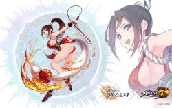 1girl :d ass breasts brown_hair copyright_name copyright_notice fire folding_fan full_body hair_intakes hand_fan high_ponytail holding holding_fan long_hair looking_at_viewer obi official_art open_mouth ponytail sash second-party_source shiranui_mai sideboob smile ta_ga_tame_no_alchemist teeth the_king_of_fighters the_king_of_fighters_xiv thighs upper_teeth_only