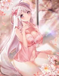 Rule 34 | 1girl, ahoge, babydoll, bare shoulders, blush, bow, breasts, cherry blossoms, cleavage, closed mouth, collarbone, commentary request, day, elsword, eyelashes, fingernails, fingers together, groin, hair bow, heart, heart-shaped pupils, highres, large breasts, lens flare, long hair, looking at viewer, makeup, mascara, nail polish, navel, nipples, original, petals, pink bow, pink eyes, pink nails, polla, pussy, see-through, sidelocks, silver hair, sitting, smile, solo, stomach, symbol-shaped pupils, very long hair, wariza, window
