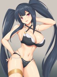 Rule 34 | 1girl, arcie albano, azur lane, bikini, black bikini, black hair, breasts, cleavage, commentary, cowboy shot, cross, english commentary, gradient background, grey background, highres, iron cross, large breasts, long hair, looking at viewer, mixed-language commentary, peter strasser (azur lane), red eyes, solo, swimsuit, twintails, very long hair
