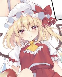Rule 34 | 1girl, ascot, blonde hair, crystal, flandre scarlet, hat, highres, looking at viewer, mob cap, mugicha (mugicha0929), one side up, puffy short sleeves, puffy sleeves, red vest, short sleeves, skirt, solo, touhou, vest, white hat, wings, yellow ascot