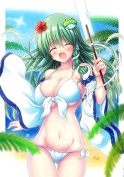 Rule 34 | 1girl, :d, ^ ^, beach, bikini, breasts, cleavage, closed eyes, collarbone, commentary request, cowboy shot, day, detached sleeves, closed eyes, facing viewer, flower, frog hair ornament, front-tie bikini top, front-tie top, gluteal fold, gohei, green hair, groin, hair flower, hair ornament, hand up, highres, kochiya sanae, large breasts, long hair, navel, open mouth, osashin (osada), outdoors, side-tie bikini bottom, smile, snake hair ornament, solo, swimsuit, thigh gap, touhou, white bikini, wide sleeves
