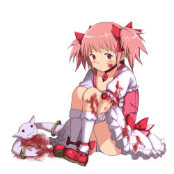 Rule 34 | 10s, 1girl, :3, bad id, bad pixiv id, blood, blood on face, blush, bubble skirt, choker, expressionless, full body, gloves, hugging own legs, kaname madoka, kyubey, lapucelle (arasoo1210), magical girl, mahou shoujo madoka magica, mahou shoujo madoka magica (anime), panties, pantyshot, pink eyes, pink hair, puffy sleeves, severed head, shoes, short hair, short twintails, simple background, sitting, skirt, tears, twintails, underwear, white gloves