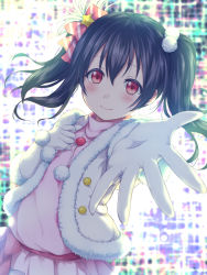 Rule 34 | 1girl, backlighting, black hair, blush, bow, closed mouth, dress, dutch angle, foreshortening, fur-trimmed jacket, fur trim, gloves, hair between eyes, hair bow, hand on own chest, highres, hitotsuki no yagi, jacket, lights, long hair, looking at viewer, love live!, love live! school idol project, open clothes, open jacket, outstretched arm, outstretched hand, pink bow, pink dress, pom pom (clothes), reaching, reaching towards viewer, red eyes, sidelocks, smile, snow halation, solo, star (symbol), striped, striped bow, turtleneck, twintails, white gloves, white jacket, yazawa nico