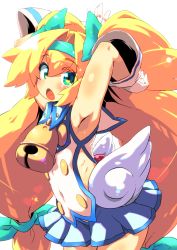 Rule 34 | 1girl, armpits, arms up, bell, blazblue, blonde hair, blue skirt, blurry, blush, bokeh, collared shirt, commentary, cowbell, depth of field, eyes visible through hair, gloves, green eyes, green hairband, green ribbon, hair ribbon, hairband, heart, heart-shaped pupils, highres, leaning forward, light particles, long hair, looking at viewer, low-tied long hair, microskirt, open mouth, platinum the trinity, pleated skirt, quad tails, ribbon, shirt, skirt, sleeveless, sleeveless shirt, solo, standing, sw (taco), symbol-shaped pupils, two side up, very long hair, white gloves, white shirt