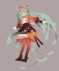 Rule 34 | 1girl, :d, ahoge, apron, aqua eyes, aqua hair, back bow, beads, black apron, black footwear, blush, bow, clothing cutout, dress, floating hair, full body, gloves, green eyes, green hair, grey background, hair ornament, hair rings, hatsune miku, highres, lace, lace gloves, lace trim, leaf hair ornament, long hair, long sleeves, looking at viewer, open mouth, orange dress, outstretched arms, puffy long sleeves, puffy sleeves, red dress, red thighhighs, shoes, simple background, smile, solo, standing, tassel, thighhighs, twintails, two-sided fabric, uhui, very long hair, vocaloid, waist apron, yaopei