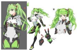 Rule 34 | 1girl, alternate costume, alternate hair color, android, blush, breasts, character sheet, floating hair, green eyes, green hair, hatsune miku, highres, juusakai erugo, leotard, long hair, looking at viewer, looking to the side, mechanical arms, mechanical legs, mechanization, medium breasts, multiple views, see-through, see-through sleeves, shrug (clothing), sketch, smile, twintails, v, vocaloid, white leotard