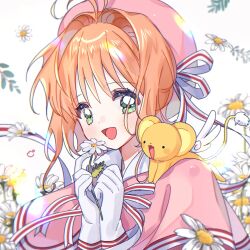 Rule 34 | 1girl, animal, animal on shoulder, blurry, blurry foreground, blush, brown hair, cardcaptor sakura, dress, feathered wings, flower, green eyes, hair intakes, hat, highres, holding, holding flower, kero (cardcaptor sakura), kinomoto sakura, leaf, looking at viewer, magical girl, official alternate costume, open mouth, pink dress, pink headwear, ribbon, short hair, simple background, sleeve cuffs, smile, tail, white background, white flower, white ribbon, wings, yalmyu