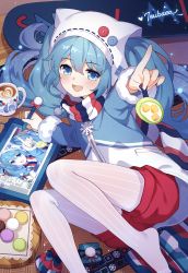Rule 34 | 1girl, :d, artist name, beanie, blue eyes, blue hair, blue jacket, blush, coffee, coffee mug, commentary request, cup, drawing tablet, fur-trimmed sleeves, fur trim, grey pantyhose, hair between eyes, hat, hatsune miku, heart, highres, holding, holding stylus, jacket, latte art, long hair, long sleeves, looking at viewer, mug, no shoes, open mouth, outstretched arm, pantyhose, pantyhose under shorts, recursion, red shorts, short shorts, shorts, signature, smile, solo, striped clothes, striped pantyhose, stylus, tsubasa tsubasa, twintails, vertical-striped clothes, vertical-striped pantyhose, very long hair, vocaloid, white hat, yuki miku