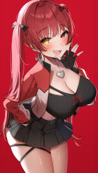 Rule 34 | 1girl, absurdres, ass, black gloves, black shirt, black skirt, blush, breasts, cleavage, collarbone, cowboy shot, crop top, earrings, gawawawa, gloves, heart, heart earrings, heart pendant, hetero, highres, hololive, houshou marine, iii (hololive), jacket, jewelry, large breasts, looking at viewer, midriff, miniskirt, multicolored clothes, multicolored jacket, pleated skirt, red background, red eyes, red hair, red jacket, shirt, simple background, skirt, solo, strapless, two-tone jacket, virtual youtuber, white jacket, yellow eyes