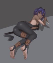 Rule 34 | 1girl, ass, barefoot, dark skin, fate/grand order, fate (series), feet, hassan of serenity (fate), highres, looking at viewer, parted lips, purple eyes, purple hair, soles, toes