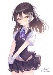 Rule 34 | 1girl, absurdres, black hair, black skirt, black vest, blue ribbon, brown eyes, dated, dress shirt, gloves, hair ornament, hairclip, highres, hizaka, kantai collection, long hair, looking at viewer, neck ribbon, one-hour drawing challenge, oyashio (kancolle), oyashio kai ni (kancolle), pleated skirt, ribbon, school uniform, shirt, short sleeves, simple background, skirt, solo, v arms, vest, white background, white gloves, white shirt