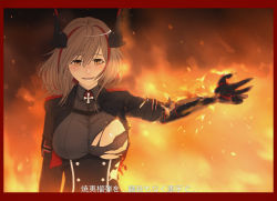Rule 34 | 1girl, akizuki (17769498), azur lane, black jacket, black shirt, breasts, buttons, double-breasted, fire, framed breasts, headgear, highres, jacket, large breasts, light brown hair, looking at viewer, mechanical arms, medium hair, multicolored hair, prosthesis, prosthetic arm, red hair, roon (azur lane), shirt, single mechanical arm, solo, streaked hair, taut clothes, taut shirt, torn clothes, torn shirt, two-tone hair, upper body