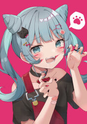 Rule 34 | 1girl, absurdres, amai melo, animal, animal (vocaloid), animal ears, animal hair ornament, aqua eyes, aqua hair, bandaid, bandaid on arm, black nails, black shirt, blush, bow, cat hair ornament, choker, claw pose, drooling, facial mark, fangs, fingernails, hair bun, hair ornament, hairclip, hands up, hatsune miku, heart, heart choker, heart collar, heart o-ring, heart pendant, highres, long hair, looking at viewer, multicolored nails, open mouth, overalls, paw hair ornament, paw print, pink background, red bow, red nails, red overalls, shirt, simple background, sleeveless, sleeveless shirt, smile, solo, spoken object, spoken paw, twintails, upper body, vocaloid, whisker markings, yellow bow