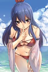Rule 34 | 1girl, absurdres, beach, bikini, blue hair, blue sky, breasts, cleavage, closed mouth, cloud, collarbone, cowboy shot, day, detached sleeves, eden&#039;s zero, finger to mouth, hair between eyes, hair ribbon, highres, homura kogetsu, index finger raised, leaning forward, lens flare, long hair, long sleeves, looking at viewer, mashima hiro, medium breasts, mole, mole under eye, navel, official art, outdoors, pink sleeves, print sleeves, red bikini, red eyes, red ribbon, ribbon, sky, solo, standing, swimsuit, thigh gap, very long hair