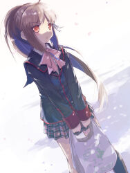 Rule 34 | 1girl, ahoge, akayama yukihe, bag, black jacket, black socks, blush, bow, brown hair, commentary, dutch angle, eyes visible through hair, falling petals, feet out of frame, frown, grey skirt, highres, holding, holding bag, jacket, kneehighs, little busters!, little busters! school uniform, long hair, long sleeves, looking afar, miniskirt, natsume rin, orange eyes, parted bangs, parted lips, petals, pink bow, pleated skirt, ponytail, puffy sleeves, school uniform, sidelighting, sidelocks, simple background, skirt, socks, solo, v-shaped eyebrows, v arms, very long hair, white background