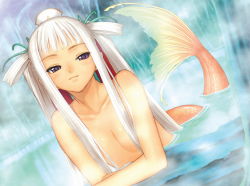 Rule 34 | 1girl, blush, censored, collarbone, completely nude, convenient censoring, flat chest, hair censor, hair over breasts, highres, houmei, light smile, long hair, mermaid, monster girl, nude, purple eyes, scales, sega, shining (series), shining wind, solo, steam, tony taka, twintails, water, wet, white hair