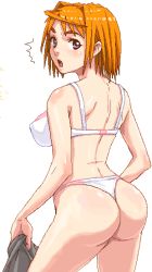 Rule 34 | 00s, 1girl, :o, ass, back, blush, bra, breasts, covered erect nipples, from behind, large breasts, lingerie, looking back, my-hime, nigou, oekaki, open mouth, orange hair, panties, purple eyes, short hair, solo, surprised, thighs, thong, tokiha mai, underwear, underwear only, white panties