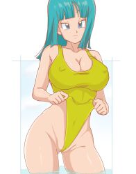 Rule 34 | 1girl, adjusting clothes, adjusting swimsuit, blue eyes, blue hair, breasts, cleavage, covered erect nipples, covered navel, curvy, dragon ball, dragonball z, female focus, frontal wedgie, groin, highleg, highleg swimsuit, highres, large breasts, legs, long hair, looking at viewer, maron (dragon ball), nipples, one-piece swimsuit, partially submerged, partially visible vulva, pussy, seductive gaze, simple background, smile, solo, standing, swimsuit, thighs, water, wedgie, white background, wide hips, xenodoujin, yellow one-piece swimsuit