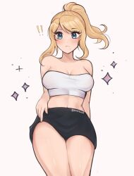 Rule 34 | !, !!, 1girl, bare arms, bare shoulders, black skirt, blonde hair, blue eyes, blush, breasts, cleavage, commentary, cowboy shot, grey background, highres, long hair, looking at viewer, medium breasts, metroid, midriff, miniskirt, navel, nintendo, ponytail, purrlucii, revision, samus aran, sidelocks, simple background, skirt, solo, standing, stomach, strapless, thighs, tube top