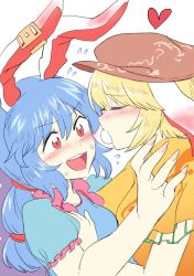 Rule 34 | 2girls, animal ears, blonde hair, blouse, blue hair, blush, dango, ear blush, closed eyes, face-to-face, floppy ears, food, hat, heart, highres, imminent kiss, mana (gooney), mouth hold, multiple girls, open mouth, ponytail, rabbit ears, red eyes, ringo (touhou), seiran (touhou), shirt, short hair, sketch, sweatdrop, touhou, wagashi