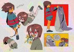 Rule 34 | 1girl, 2others, blue sweater, branch, brown hair, buttercup (flower), chara (undertale), colored skin, dress, flower, frisk (undertale), green sweater, highres, holding, holding branch, long sleeves, looking at viewer, multiple others, open mouth, purple dress, red eyes, shoes, short hair, smile, striped clothes, striped sweater, sweater, toriel, undertale, vellmori, yellow flower, yellow skin