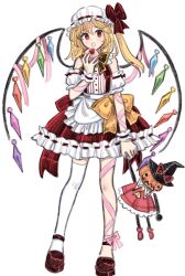 Rule 34 | 1girl, adapted costume, apron, arm ribbon, bare shoulders, blonde hair, commentary, detached sleeves, doll, dress, dress ribbon, flandre scarlet, flat chest, frilled apron, frilled dress, frills, full body, hat, hat ribbon, highres, holding, holding doll, leg ribbon, mob cap, neck ribbon, one side up, open mouth, pink ribbon, red dress, red eyes, red footwear, red ribbon, ribbon, ribbon-trimmed dress, simple background, single thighhigh, solo, susu (mikufanclub), symbol-only commentary, thighhighs, touhou, waist apron, white apron, white background, white thighhighs, white wrist cuffs, wings, wrist cuffs, yellow ribbon