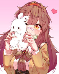 Rule 34 | 1girl, bandaid, bandaid on face, bandaid on nose, bow, bowtie, brown bow, brown bowtie, brown coat, brown hair, coat, collared shirt, cymlim, hair intakes, hairband, heart, heart-shaped pupils, highres, holding animal, holding rabbit, library of ruina, long hair, long sleeves, looking at viewer, malkuth (project moon), project moon, rabbit, red hairband, shirt, sidelocks, solo, symbol-shaped pupils, upper body, very long hair, white shirt, yellow eyes