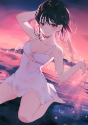 Rule 34 | 1girl, achiki, arm up, backlighting, bare arms, bare shoulders, beach, black hair, blush, breasts, closed mouth, collarbone, dress, dutch angle, gradient sky, kneeling, multicolored hair, on ground, original, outdoors, pink hair, purple eyes, see-through, short hair, sky, sleeveless, sleeveless dress, small breasts, smile, solo, two-tone hair, veil, wet, wet clothes, wet dress, white dress