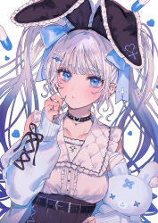 Rule 34 | 1girl, animal ears, bandages, belt, belt buckle, black belt, black choker, black hairband, black skirt, blue bow, blue eyes, blue jacket, bow, breasts, buckle, center frills, choker, closed mouth, collarbone, commentary request, fake animal ears, frills, grey hair, hair bow, hairband, hand up, heart, highres, jacket, long sleeves, looking at viewer, medium breasts, miyako (xxxbibit), hugging object, off shoulder, open clothes, open jacket, original, pill, pleated skirt, puffy long sleeves, puffy sleeves, rabbit ears, shirt, skirt, sleeveless, sleeveless shirt, sleeves past wrists, solo, stuffed animal, stuffed rabbit, stuffed toy, twintails, white shirt