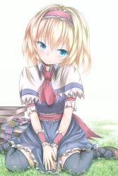 Rule 34 | 1girl, alice margatroid, black thighhighs, blue eyes, blush, book, capelet, colored eyelashes, dress, face, female focus, gradient background, grass, hairband, head tilt, nature, plant, short hair, sitting, smile, solo, thighhighs, touhou, v arms, wariza, white background, wingheart, wrist cuffs