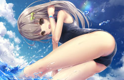 Rule 34 | 1girl, adjusting hair, bare shoulders, cloud, day, from below, gradient background, hair ribbon, highres, md5 mismatch, missile228, one-piece swimsuit, original, resized, resolution mismatch, ribbon, school swimsuit, sky, smile, soaking feet, solo, source larger, splashing, swimsuit, wading, water, wet, wet clothes, wet swimsuit