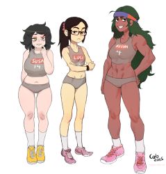 Rule 34 | 3girls, abs, bags under eyes, black hair, breasts, brown hair, character name, colo (nagrolaz), crossed arms, dark skin, dark-skinned female, flat chest, full body, glasses, green hair, grin, half-closed eyes, hand on own hip, headband, height difference, highres, large breasts, long hair, midriff, muffin top, multiple girls, navel, original, plump, ponytail, scrunchie, semi-rimless eyewear, serious, shoes, short hair, size difference, small breasts, smile, sneakers, socks, susan (colo), sweat, toned, under-rim eyewear, very dark skin