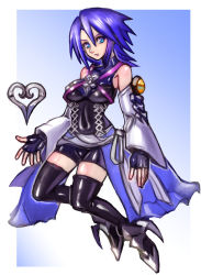Rule 34 | 1girl, aqua (kingdom hearts), armor, armored boots, bare shoulders, black thighhighs, blue eyes, blue hair, boots, breasts, chest strap, closed mouth, corset, covered navel, detached sleeves, fingerless gloves, full body, gloves, heart (symbol), highres, kingdom hearts, kingdom hearts birth by sleep, lace, looking at viewer, oomasa teikoku, short hair, short shorts, shorts, solo, thighhighs, two-tone background, wide sleeves