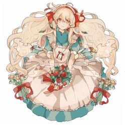 Rule 34 | 1girl, bad id, bad pixiv id, blonde hair, bouquet, dress, flower, full body, holding, holding bouquet, jewelry, kagerou project, kozakura marry, long hair, necklace, red eyes, shina 000, simple background, solo, very long hair, white background