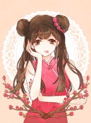 Rule 34 | 1girl, branch, brown eyes, brown hair, cardcaptor sakura, cherry blossoms, china dress, chinese clothes, double bun, dress, floral print, flower, hair flower, hair ornament, li meiling, long hair, nail polish, red nails, rela xixuegui, sleeveless, sleeveless dress, solo, tongue, tongue out, twintails