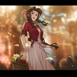Rule 34 | absurdres, aerith gainsborough, arm behind back, belt, braid, brown hair, buttons, city lights, dress, falling petals, final fantasy, final fantasy vii, final fantasy vii remake, flower, flower basket, green eyes, highres, jacket, lily (flower), midgar, open mouth, petals, pink dress, pixiv id 4802965, red flower, red jacket, ribbon, smile, square enix, wavy hair, yellow flower, zipper