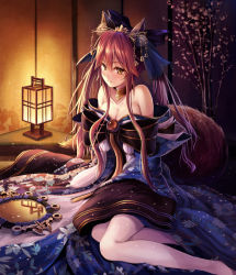 Rule 34 | 10s, 1girl, animal ears, bell, breasts, cleavage, collar, fate/extra, fate/extra ccc, fate/grand order, fate (series), fox ears, fox tail, hair ornament, hairpin, japanese clothes, lantern, large breasts, long hair, mirror, neck bell, official alternate costume, oukatihiro, pink hair, sitting, smile, solo, tail, tamamo no mae (fate/extra), tamamo no mae (third ascension) (fate), yellow eyes, yokozuwari