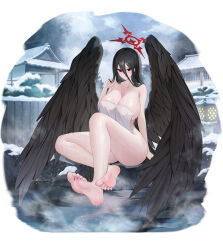 Rule 34 | 1girl, barefoot, black hair, black wings, blue archive, blush, breasts, cleavage, closed mouth, collarbone, feathered wings, halo, hasumi (blue archive), huge breasts, lichiko, long hair, naked towel, onsen, red eyes, red halo, rock, snow, soles, solo, toes, towel, water, white towel, wings