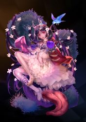 Rule 34 | 1girl, :o, apple, bird, black background, black hair, bluebird, capelet, criac, destiny child, dress, flower, food, fruit, full body, hair flower, hair ornament, highres, holding, holding food, holding fruit, horns, looking at viewer, outstretched hand, red capelet, red eyes, red neckwear, sharp teeth, shoes, sitting, skeletal arm, solo, teeth, tongue, tongue out, tree, white dress, white legwear, yellow footwear