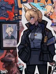 Rule 34 | 1girl, abstract background, animal ears, armband, black jacket, black pantyhose, blonde hair, blue archive, blue armband, blue eyes, blue necktie, blue shirt, blue skirt, breasts, commentary request, cowboy shot, cuffs, dress shirt, epaulettes, german shepherd, glaring, graffiti, hair over one eye, halo, hand in pocket, handcuffs, high collar, highres, holding, holding handcuffs, holster, id photo, jacket, kanna (blue archive), kanna (young) (blue archive), large breasts, long sleeves, looking to the side, multiple views, navysears, necktie, official alternate hairstyle, one eye covered, open clothes, open jacket, open mouth, outline, pantyhose, police, police badge, police uniform, scowl, shaded face, sharp teeth, shirt, shirt tucked in, short hair, skirt, teeth, thigh holster, tie clip, uniform, v-shaped eyebrows, white outline