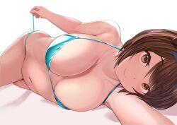 Rule 34 | 1girl, aqua bikini, bare shoulders, bikini, breasts, brown eyes, brown hair, cleavage, closed mouth, foreshortening, granblue fantasy, hairband, halterneck, large breasts, looking at viewer, lying, navel, on side, p answer, reaching, reaching towards viewer, selfie, short hair, side-tie bikini bottom, simple background, smile, solo, strap gap, strap pull, swept bangs, swimsuit, white background, yaia (granblue fantasy)
