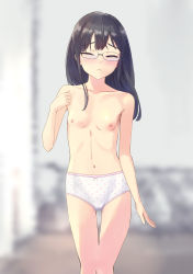 Rule 34 | 1girl, black hair, blue neckerchief, blush, bow, bow panties, breasts, collarbone, embarrassed, closed eyes, glasses, highres, long hair, neckerchief, nipples, onihito, panties, polka dot, polka dot panties, small breasts, standing, topless, underwear, undone neckerchief, undressing, white panties