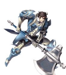 Rule 34 | 1boy, armor, attack, axe, battle axe, black pants, blue armor, blue eyes, brown hair, coattails, fire emblem, fire emblem awakening, fire emblem heroes, frederick (fire emblem), full body, gauntlets, greaves, highres, holding, holding axe, male focus, nintendo, official art, pants, serious, shiny clothes, short hair, shoulder armor, solo, suekane kumiko, transparent background, undershirt, weapon