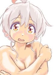 Rule 34 | 1girl, ahoge, braid, covering privates, covering breasts, french braid, genderswap, genderswap (mtf), grey hair, looking at viewer, mizumori keiichi, multicolored eyes, multicolored hair, nude, onii-chan wa oshimai!, open mouth, oyama mahiro, pink eyes, pink hair, red eyes, short hair, simple background, solo, two-tone hair, upper body, white background, yellow eyes