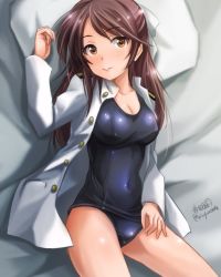Rule 34 | 10s, 1girl, bad id, bad twitter id, bed, blush, brave witches, breasts, brown eyes, brown hair, cleavage, haruhata mutsuki, karibuchi takami, large breasts, lying, matching hair/eyes, navel, one-piece swimsuit, solo, spread legs, swimsuit, swimsuit under clothes, world witches series
