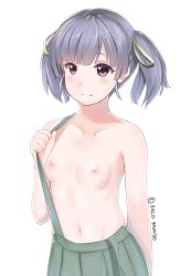 Rule 34 | 10s, 1girl, bad id, bad pixiv id, blunt bangs, breasts, brown eyes, disco brando, hair ribbon, highres, kantai collection, looking at viewer, naked suspenders, navel, nipples, ooshio (kancolle), pleated skirt, purple hair, ribbon, short hair, simple background, skirt, small breasts, smile, solo, suspender skirt, suspenders, suspenders pull, topless, twintails, upper body, white background