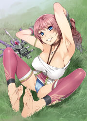Rule 34 | 10s, 1girl, adjusting hair, armpits, arms behind head, barefoot, blue eyes, blue panties, bow (weapon), breasts, cameltoe, choker, cleavage, cleft of venus, feet, final fantasy, final fantasy xiii, final fantasy xiii-2, grin, jewelry, large breasts, legs, long toenails, mizuryu kei, necklace, panties, pink hair, pink thighhighs, serah farron, smile, soles, solo, spread legs, thighhighs, thighs, toenails, toes, underwear, weapon