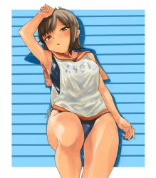 Rule 34 | 1girl, :o, arm at side, arm up, armpits, bare arms, blue one-piece swimsuit, brown hair, collarbone, hair ornament, i-401 (kancolle), kantai collection, lying, megame (okbnkn), name tag, on back, one-piece swimsuit, open mouth, orange sailor collar, sailor collar, school swimsuit, see-through, shirt, short hair, sleeveless, sleeveless shirt, solo, sweat, swimsuit, swimsuit under clothes, thighs, white shirt, yellow eyes